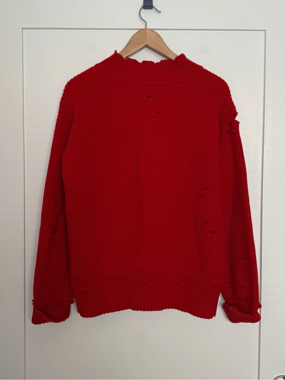 Helmut Lang Sweater Womens Sz S Red Ribbed Distressed V Neck Oversized 100% Wool